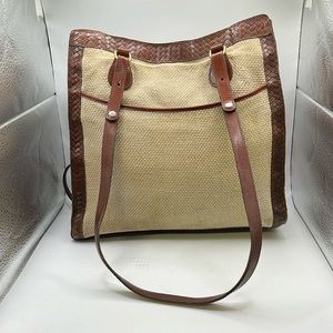 Brahmin Beige Woven Canvas Tote with Brown Leather Trim